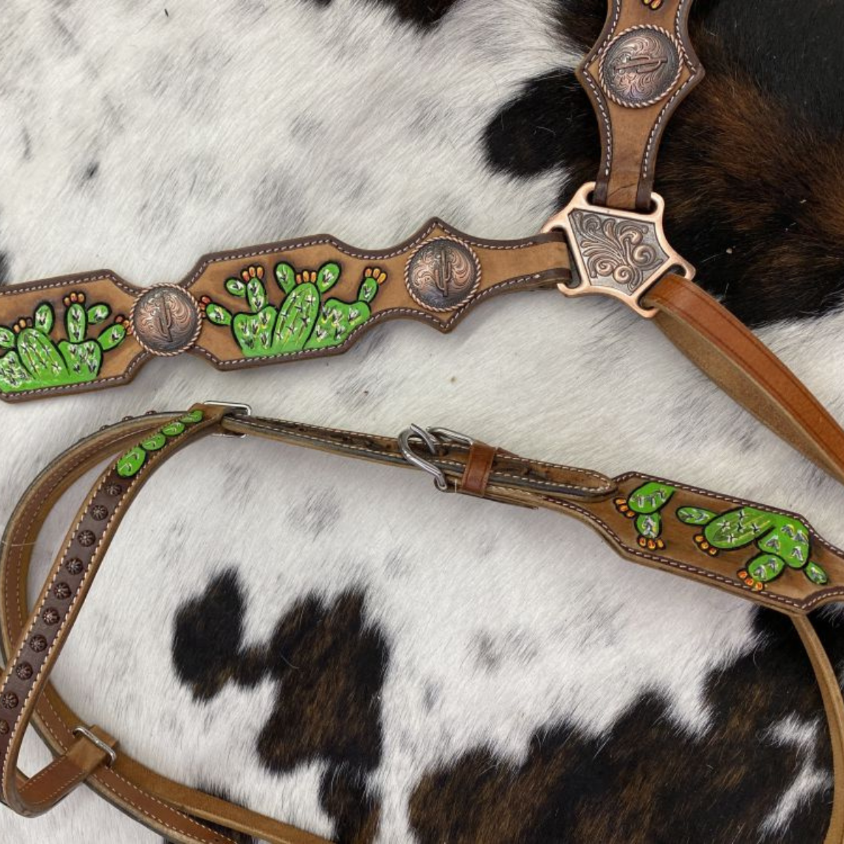 Showman ® Hand Painted Cactus Brow band Headstall and Breast collar Set. - Double T Saddles