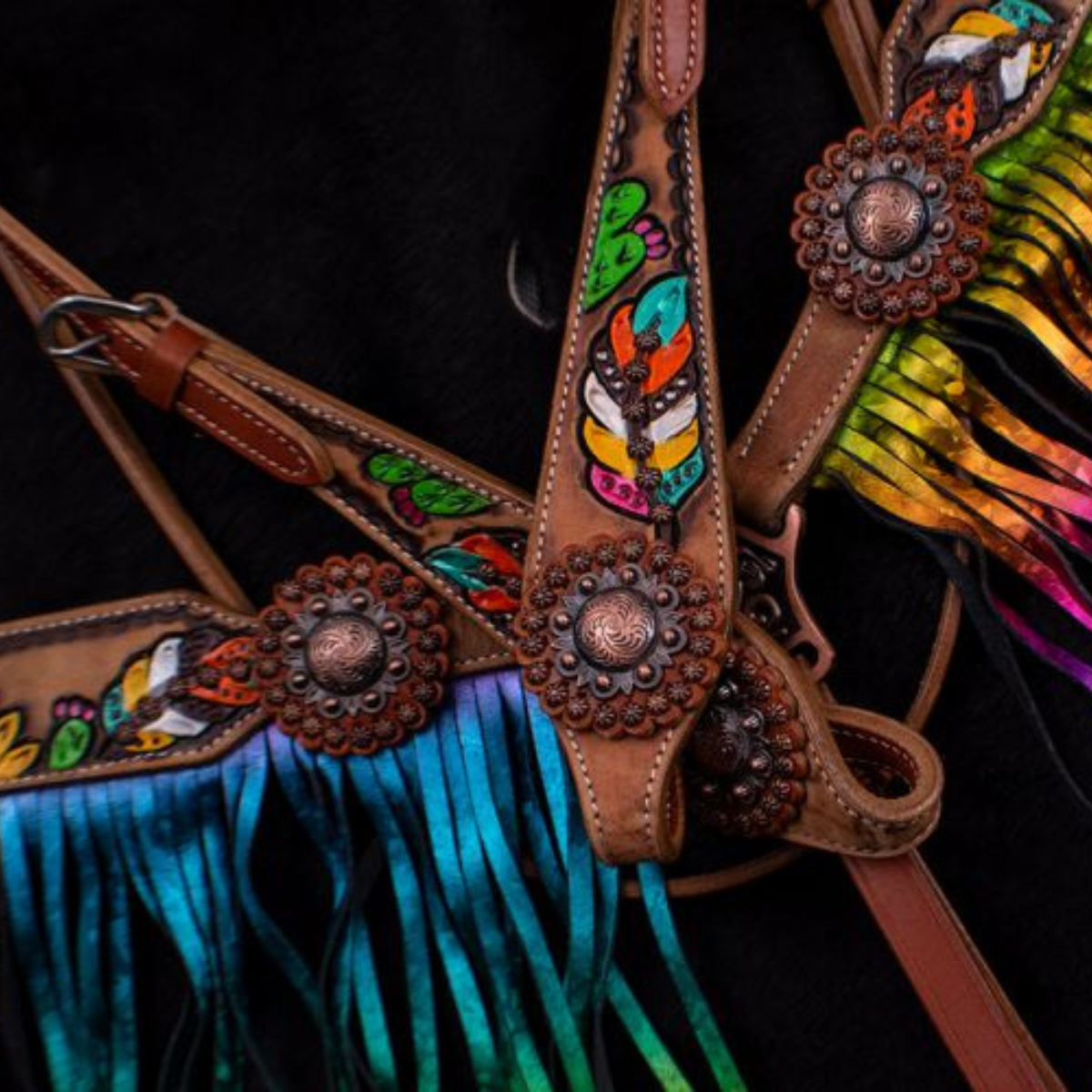Showman ® Hand Painted Feather, Sunflower and Cactus Brow band Headstall and Breast collar Set - Double T Saddles
