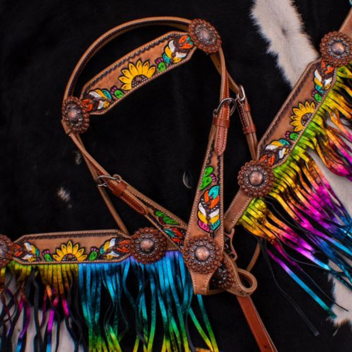 Showman ® Hand Painted Feather, Sunflower and Cactus Brow band Headstall and Breast collar Set - Double T Saddles
