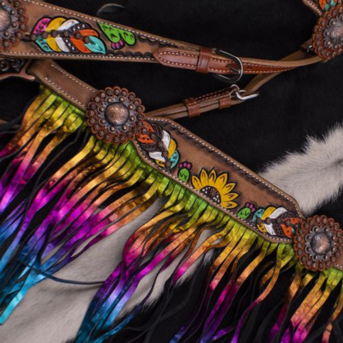 Showman ® Hand Painted Feather, Sunflower and Cactus Brow band Headstall and Breast collar Set - Double T Saddles