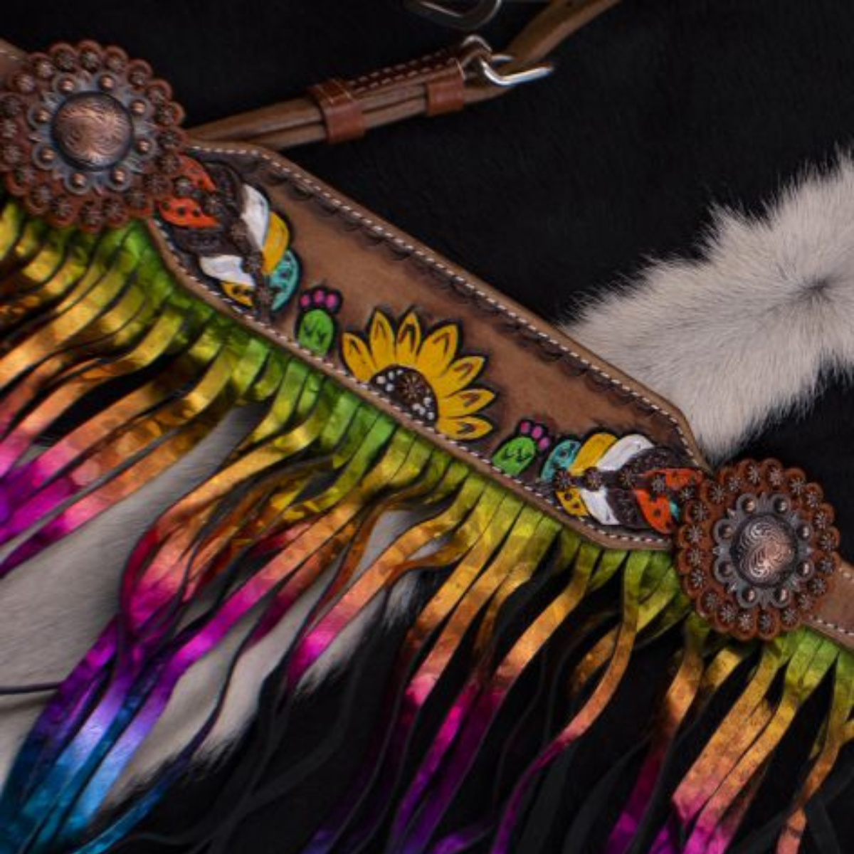 Showman ® Hand Painted Feather, Sunflower and Cactus Brow band Headstall and Breast collar Set - Double T Saddles