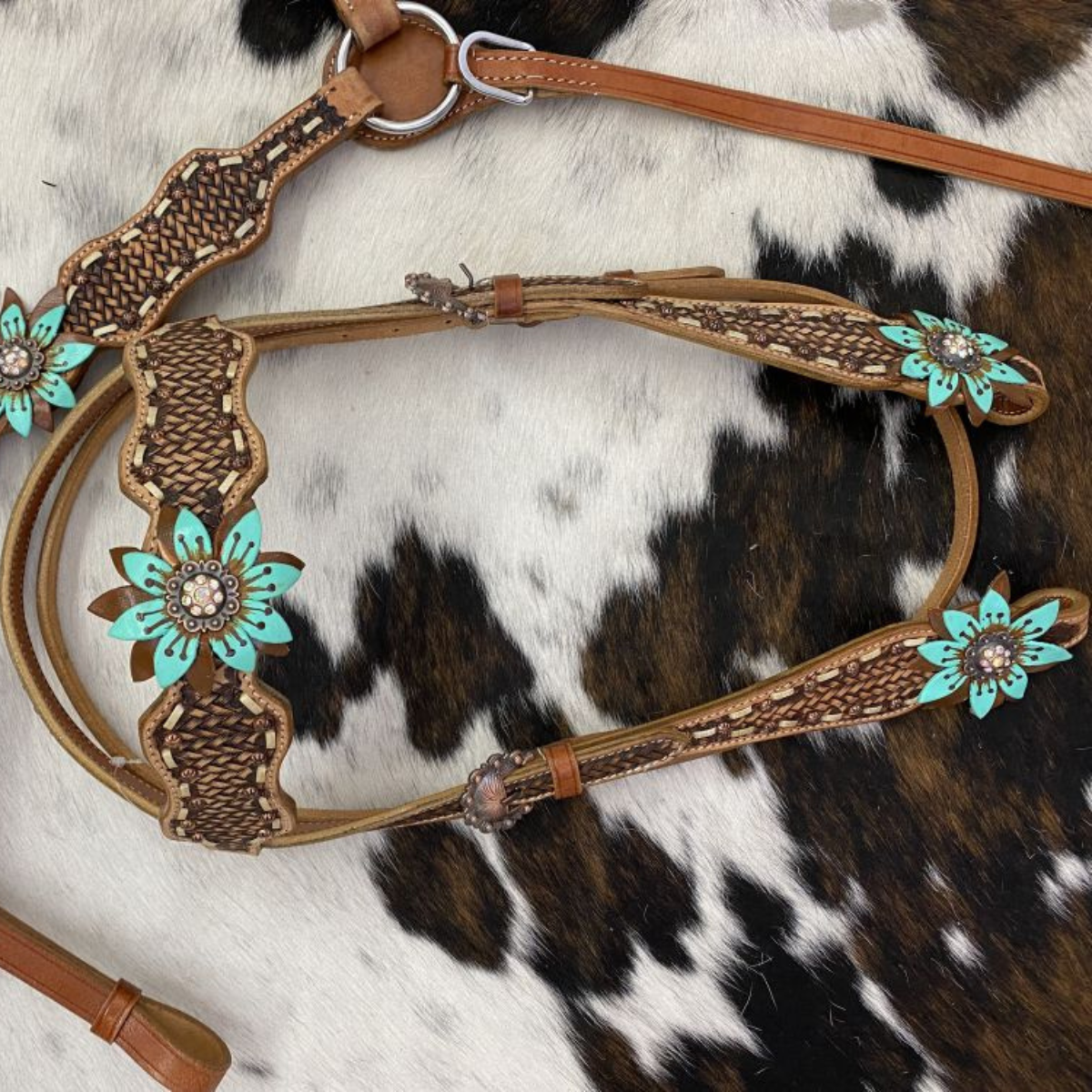 Showman ® Hand Painted Leather 3D Teal/Brown Flowers on Brow band Headstall and Breast collar Set. - Double T Saddles