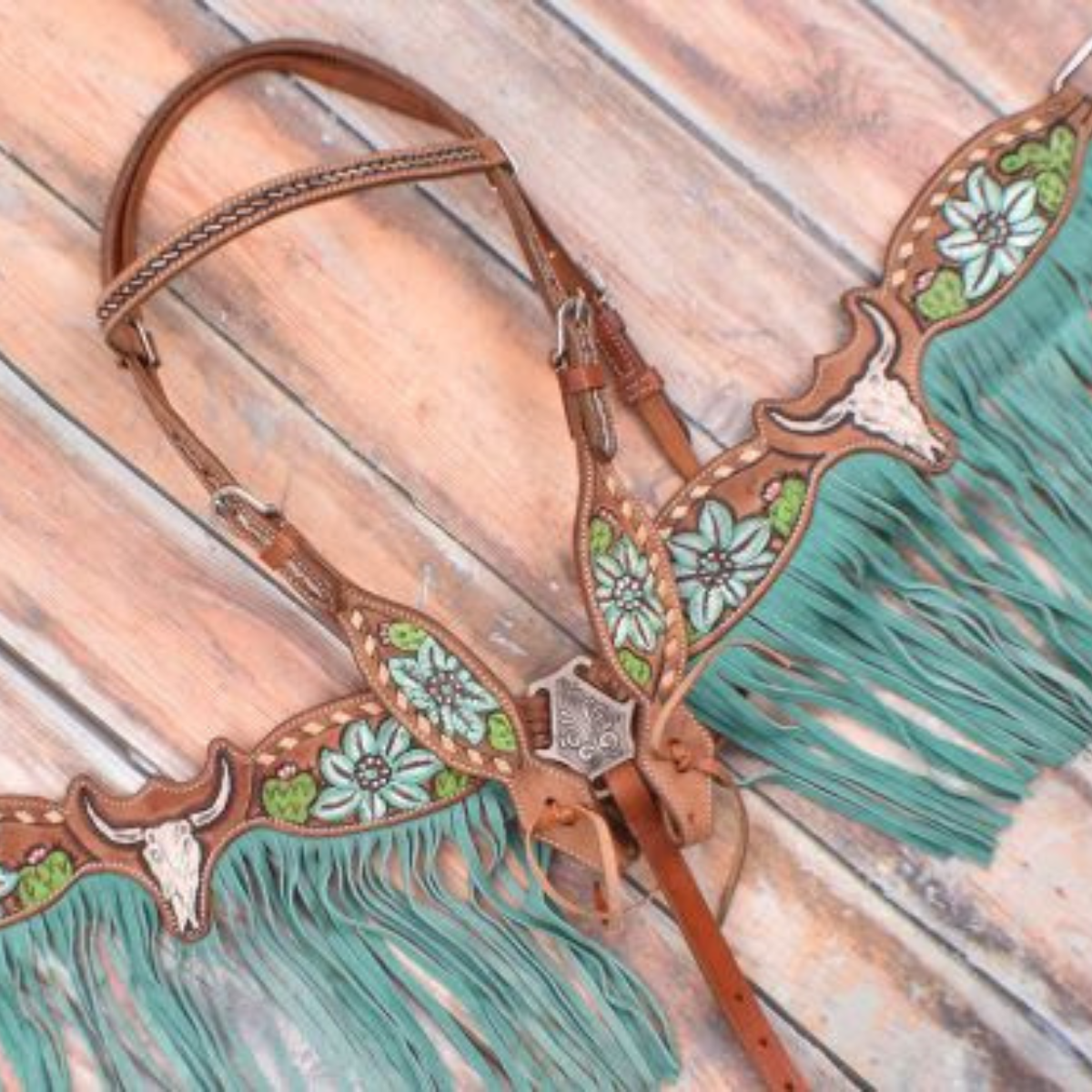 Showman ® Hand Painted Steer Skull and Cactus Headstall and Breast collar Set. - Double T Saddles