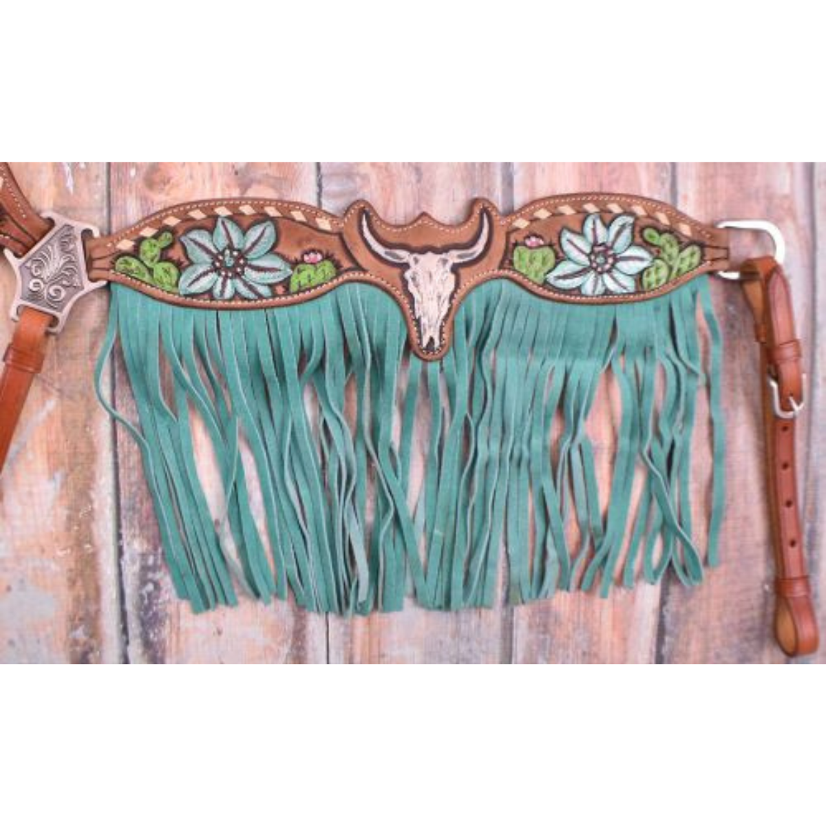 Showman ® Hand Painted Steer Skull and Cactus Headstall and Breast collar Set. - Double T Saddles
