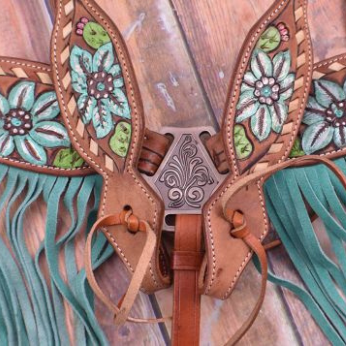 Showman ® Hand Painted Steer Skull and Cactus Headstall and Breast collar Set. - Double T Saddles