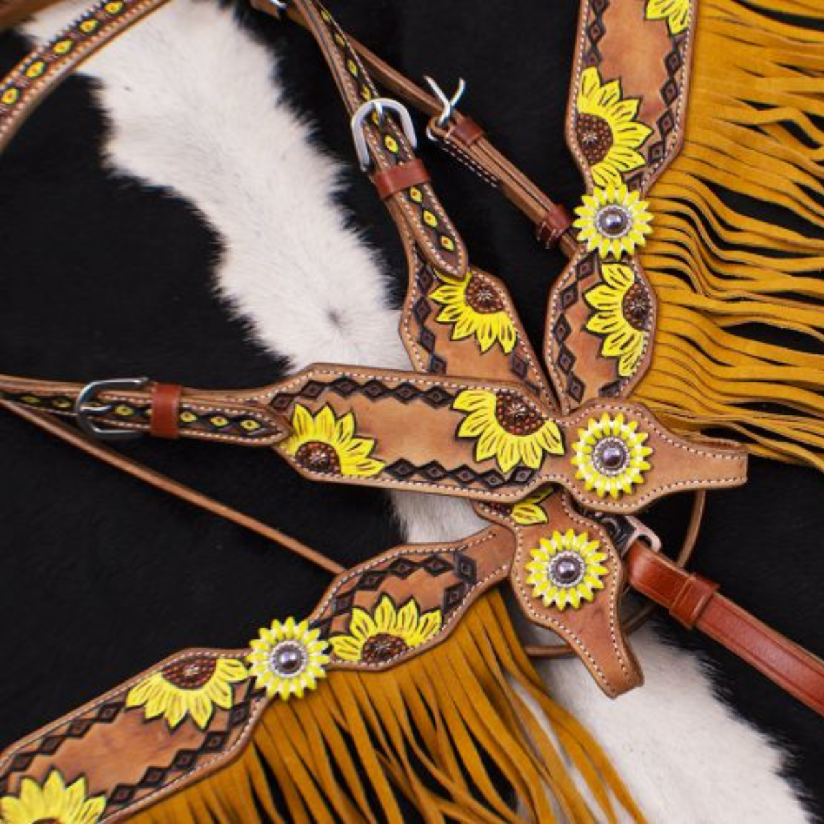Showman ® Hand Painted Sunflower Brow band Headstall and Breast collar Set with Sunflower Conchos. - Double T Saddles