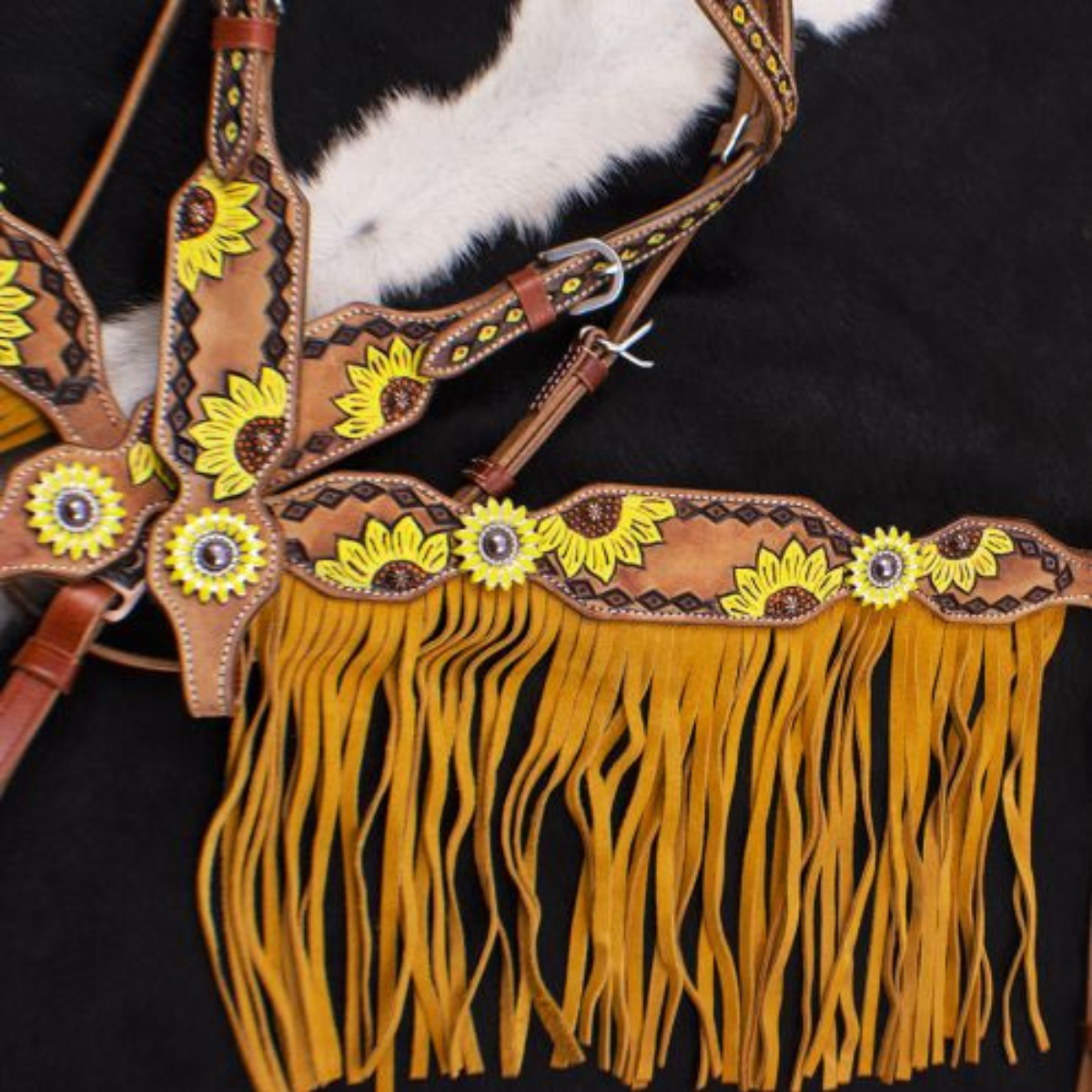 Showman ® Hand Painted Sunflower Brow band Headstall and Breast collar Set with Sunflower Conchos. - Double T Saddles