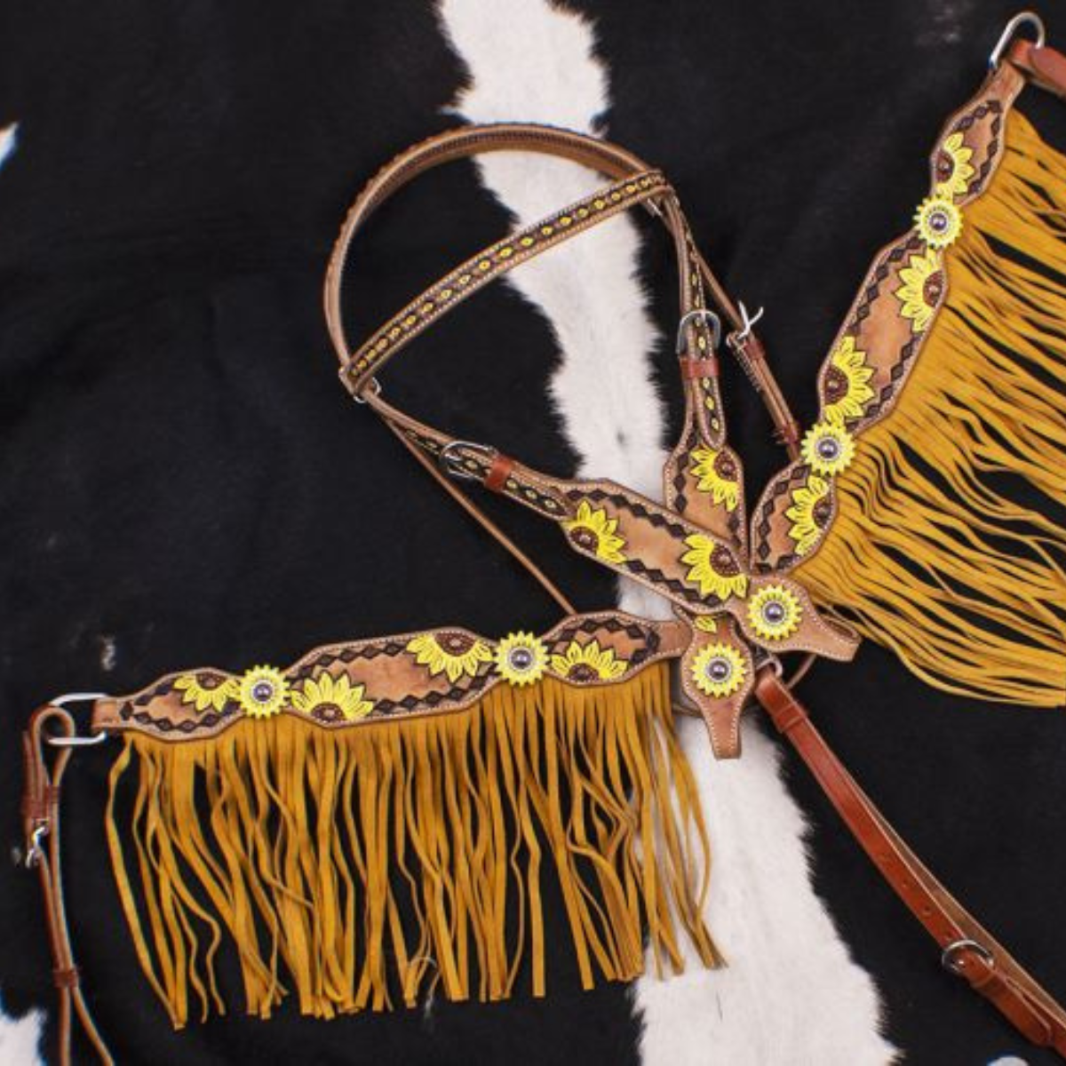 Showman ® Hand Painted Sunflower Brow band Headstall and Breast collar Set with Sunflower Conchos. - Double T Saddles