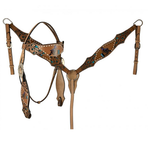 Hand painted barrel racer design headstall and breast collar 