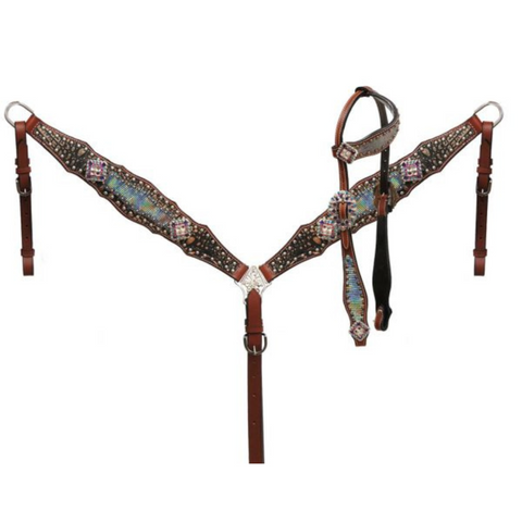 Showman ® Holographic snake print headstall and breast collar set. - Double T Saddles