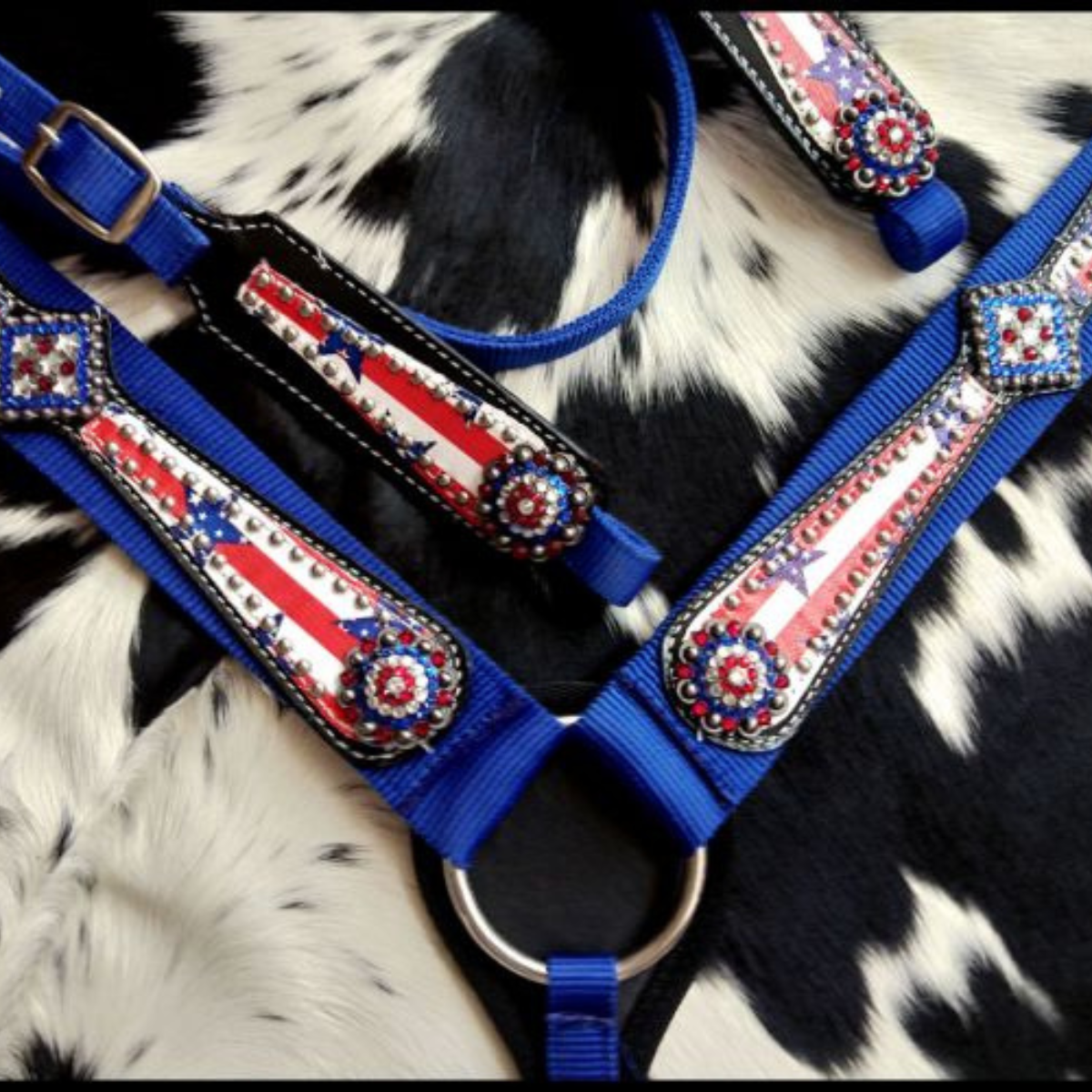 Showman ® Horse size nylon headstall and breast collar set with stars and stripes print overlay. - Double T Saddles