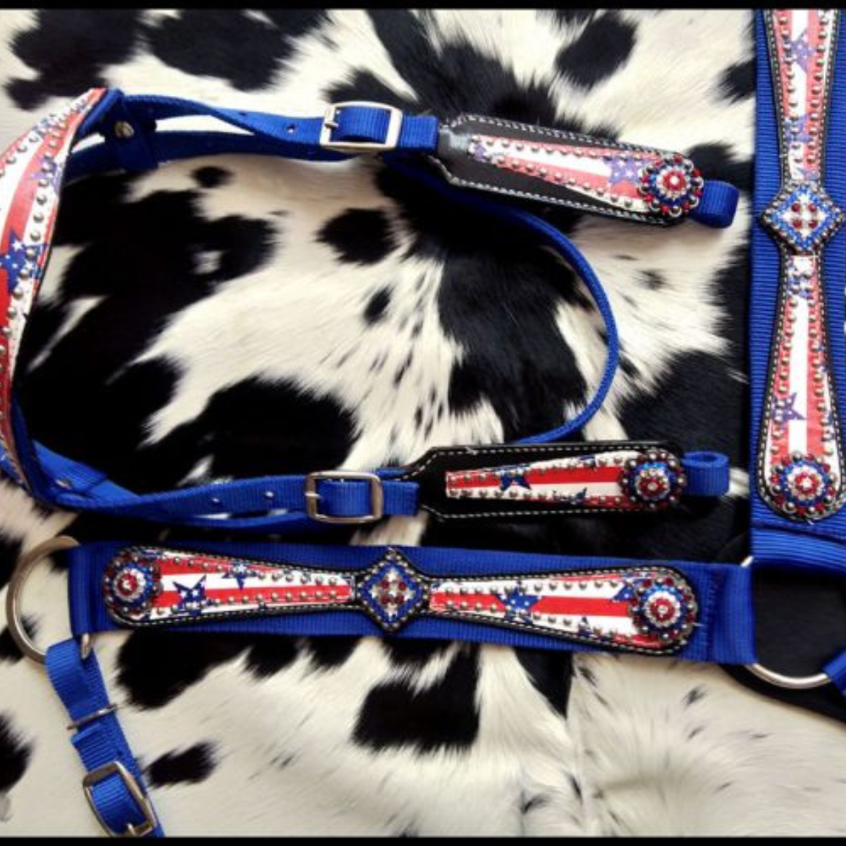 Showman ® Horse size nylon headstall and breast collar set with stars and stripes print overlay. - Double T Saddles