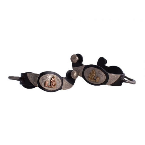  Ladies Size Black Bumper Spur with copper and gold Barrel Racer and Engraved Silver Overlay