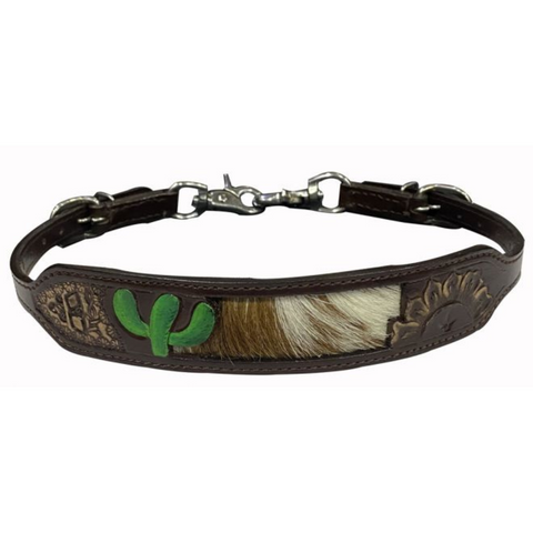 Leather wither strap with painted cactus and hair on cowhide inlay
