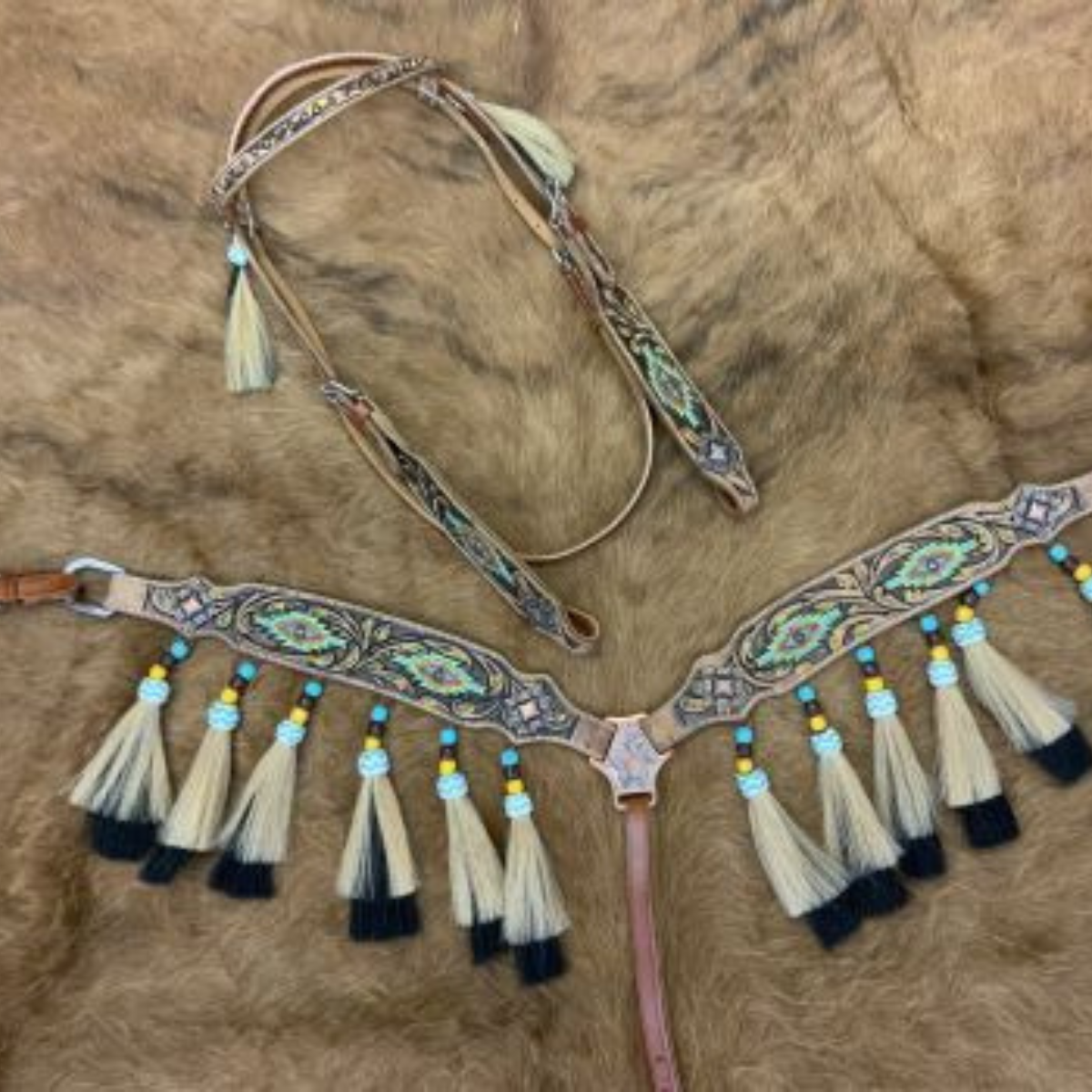 Showman ® Medium Oil Browband Headstall and Breast collar set with Painted SW Design and Horse Hair Tassels. - Double T Saddles