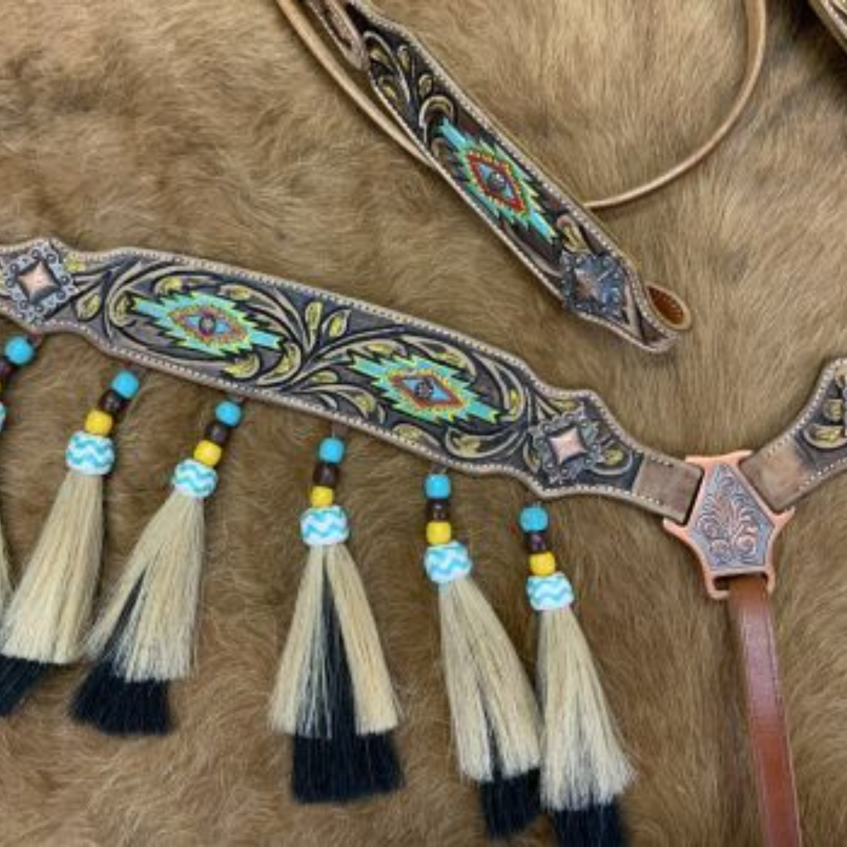 Showman ® Medium Oil Browband Headstall and Breast collar set with Painted SW Design and Horse Hair Tassels. - Double T Saddles