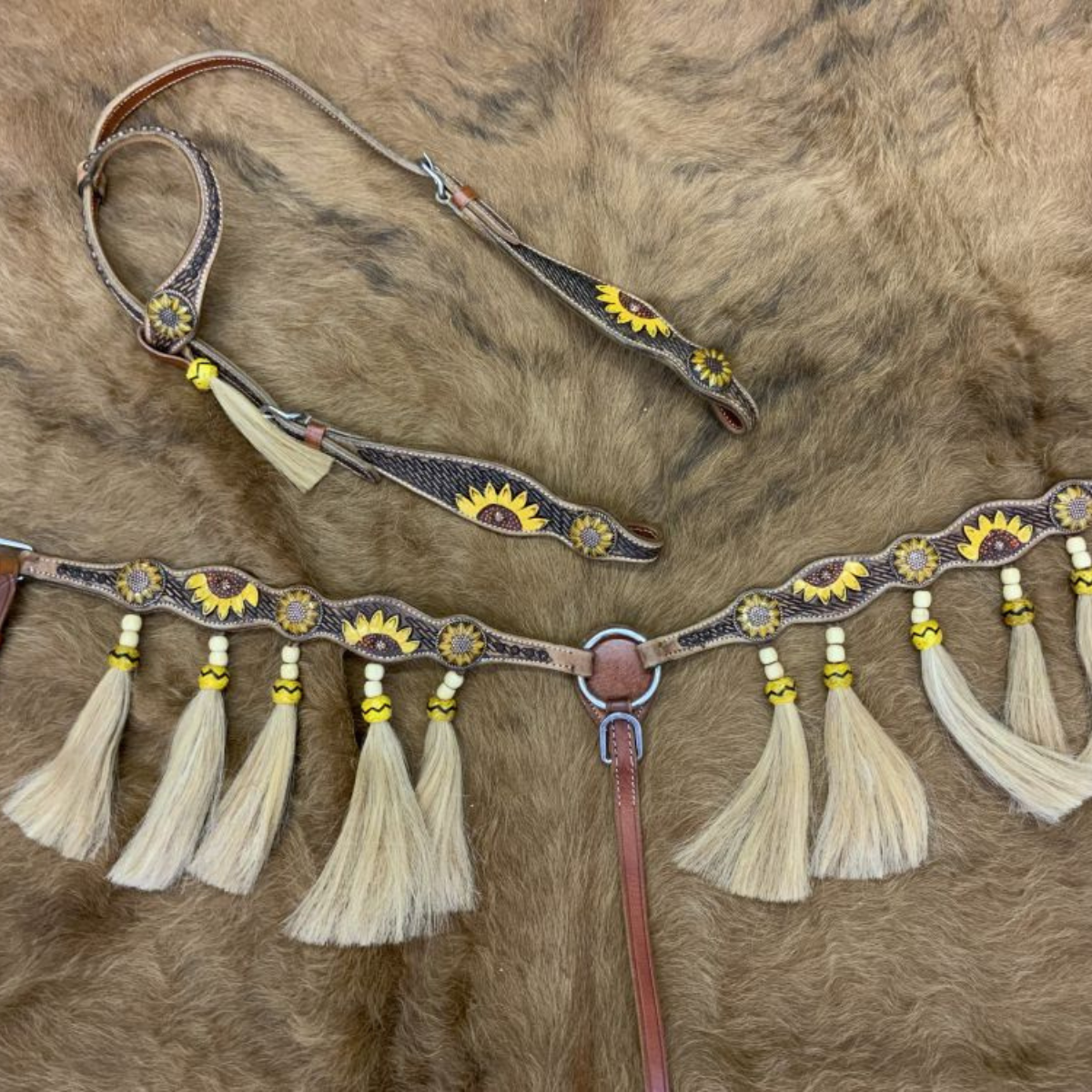 Showman ® Medium Oil Browband Headstall and Breast collar set with Painted Sunflower Design and Horse Hair Tassels. - Double T Saddles