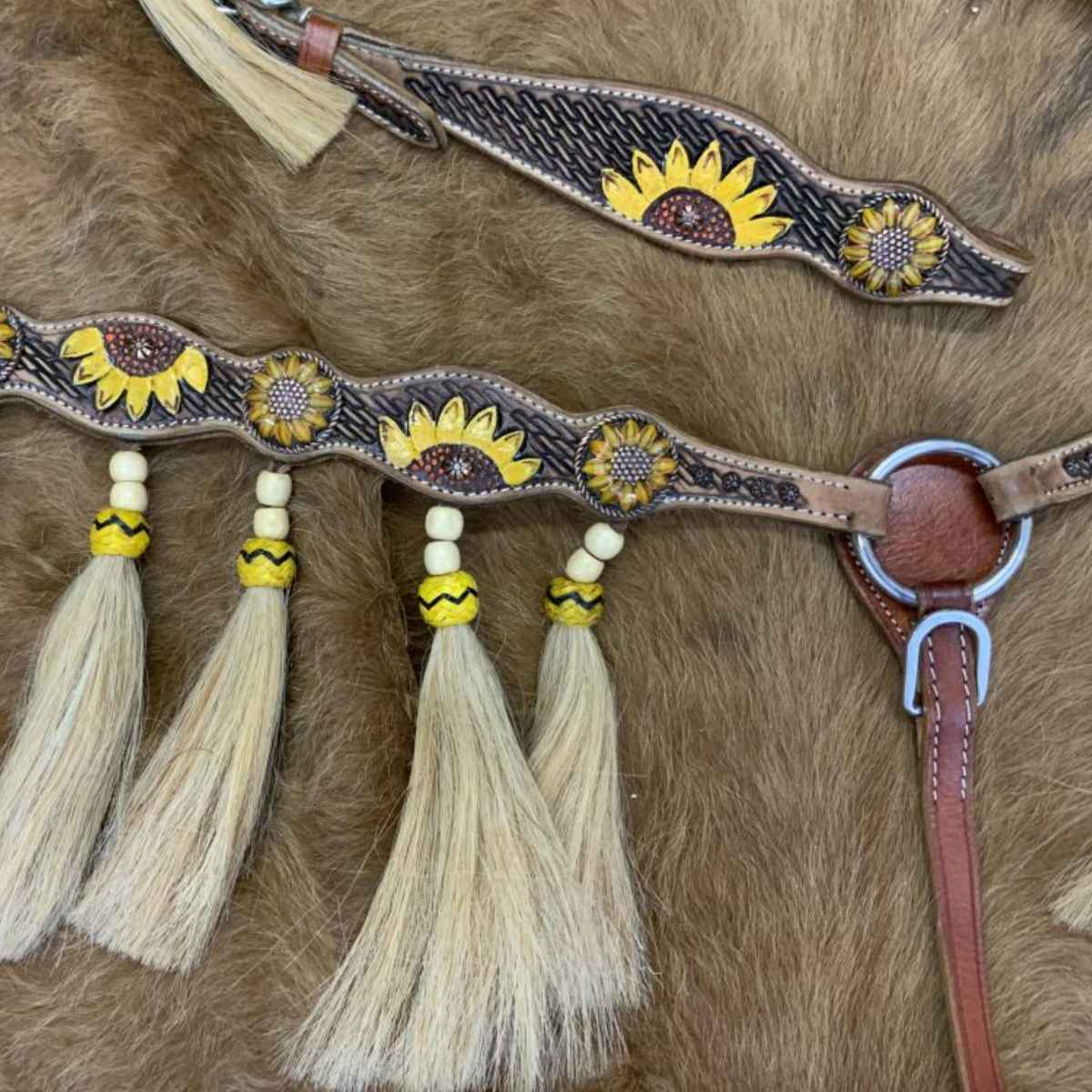 Showman ® Medium Oil Browband Headstall and Breast collar set with Painted Sunflower Design and Horse Hair Tassels. - Double T Saddles