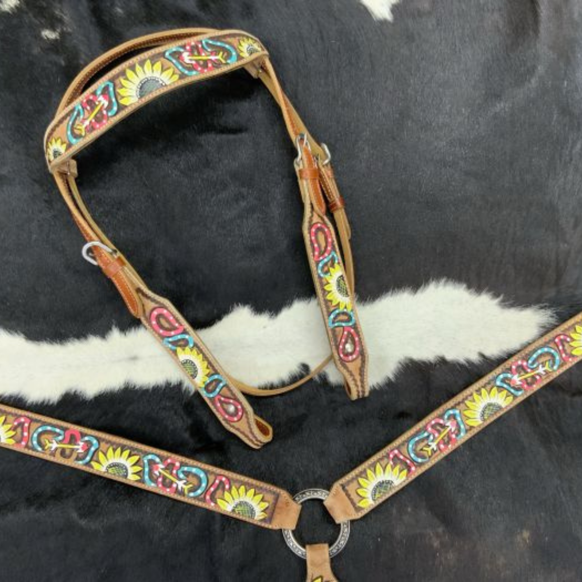 Showman ® Medium Oil Painted Sunflower Browband Headstall & Breast Collar Set with arrow and paisley design. - Double T Saddles