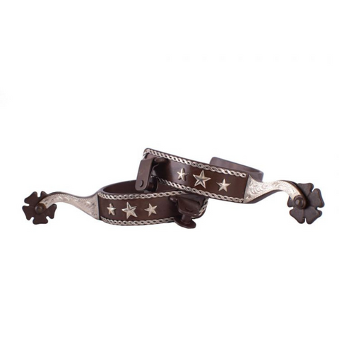 Men's size brown steel spur with silver rope border