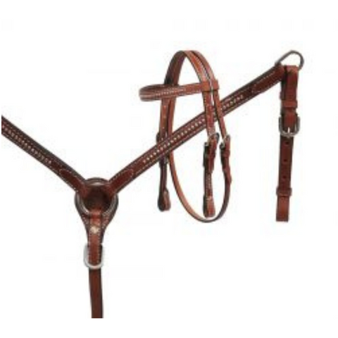 Mini Size Medium leather headstall and breast collar set with silver studs