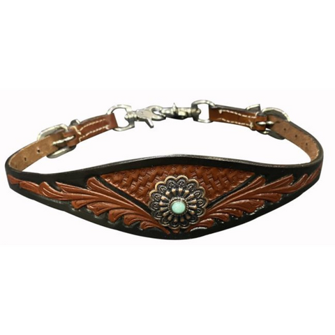 Leather tooled wither strap with antique gold concho