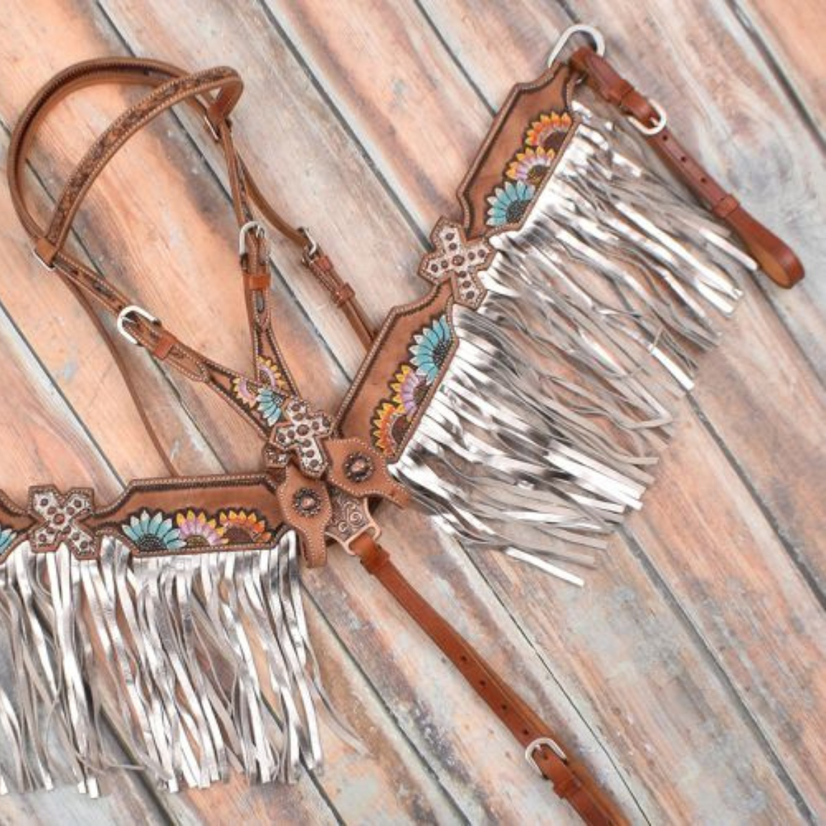 Showman ® Multi Colored Sunflower and Cross Brow Band headstall and breast collar set. - Double T Saddles