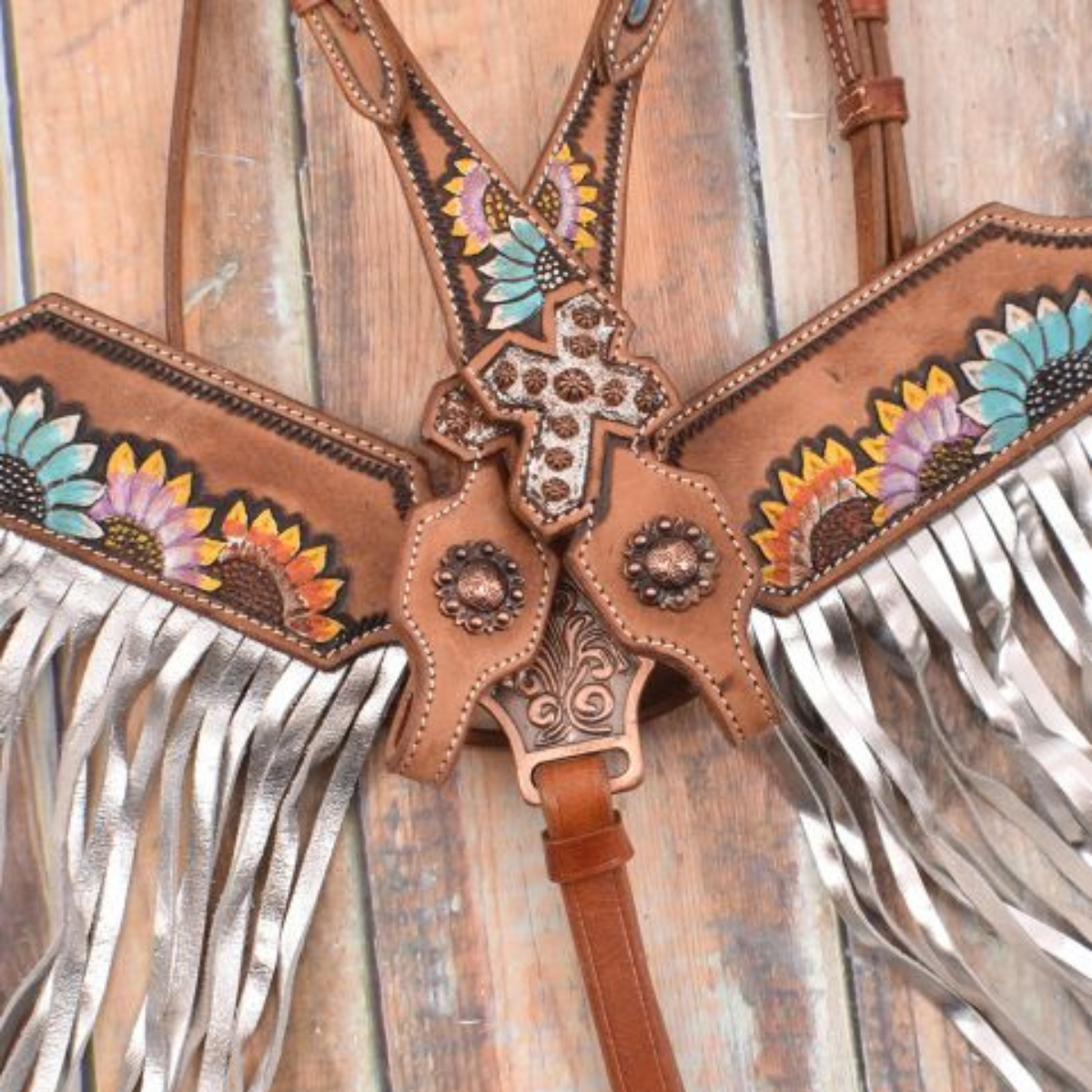 Showman ® Multi Colored Sunflower and Cross Brow Band headstall and breast collar set. - Double T Saddles