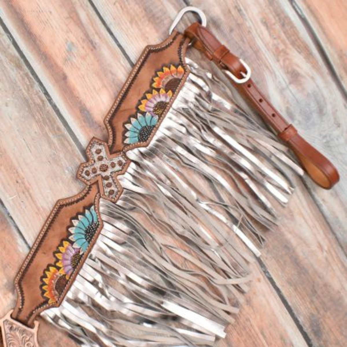 Showman ® Multi Colored Sunflower and Cross Brow Band headstall and breast collar set. - Double T Saddles