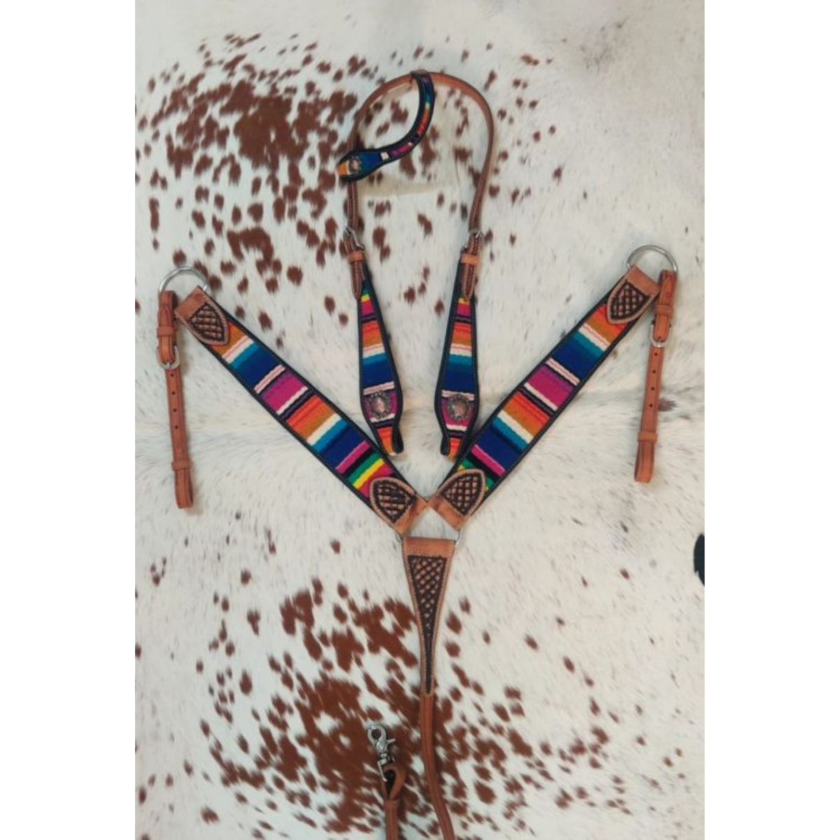 Showman ® One Ear Headstall & Breast collar set with wool serape design blanket inlay. - Double T Saddles