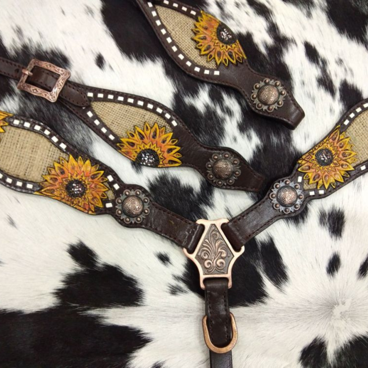 Showman ® One Ear Headstall & Breastcollar set with burlap inlay with painted sunflower accent - Double T Saddles
