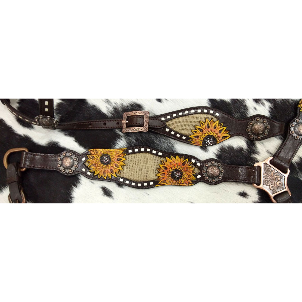 Showman ® One Ear Headstall & Breastcollar set with burlap inlay with painted sunflower accent - Double T Saddles