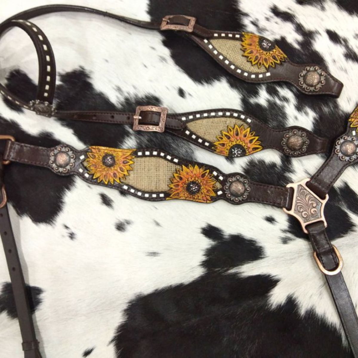 Showman ® One Ear Headstall & Breastcollar set with burlap inlay with painted sunflower accent - Double T Saddles