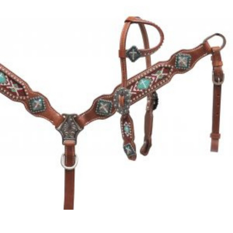 PONY One ear headstall with teal beaded inlay