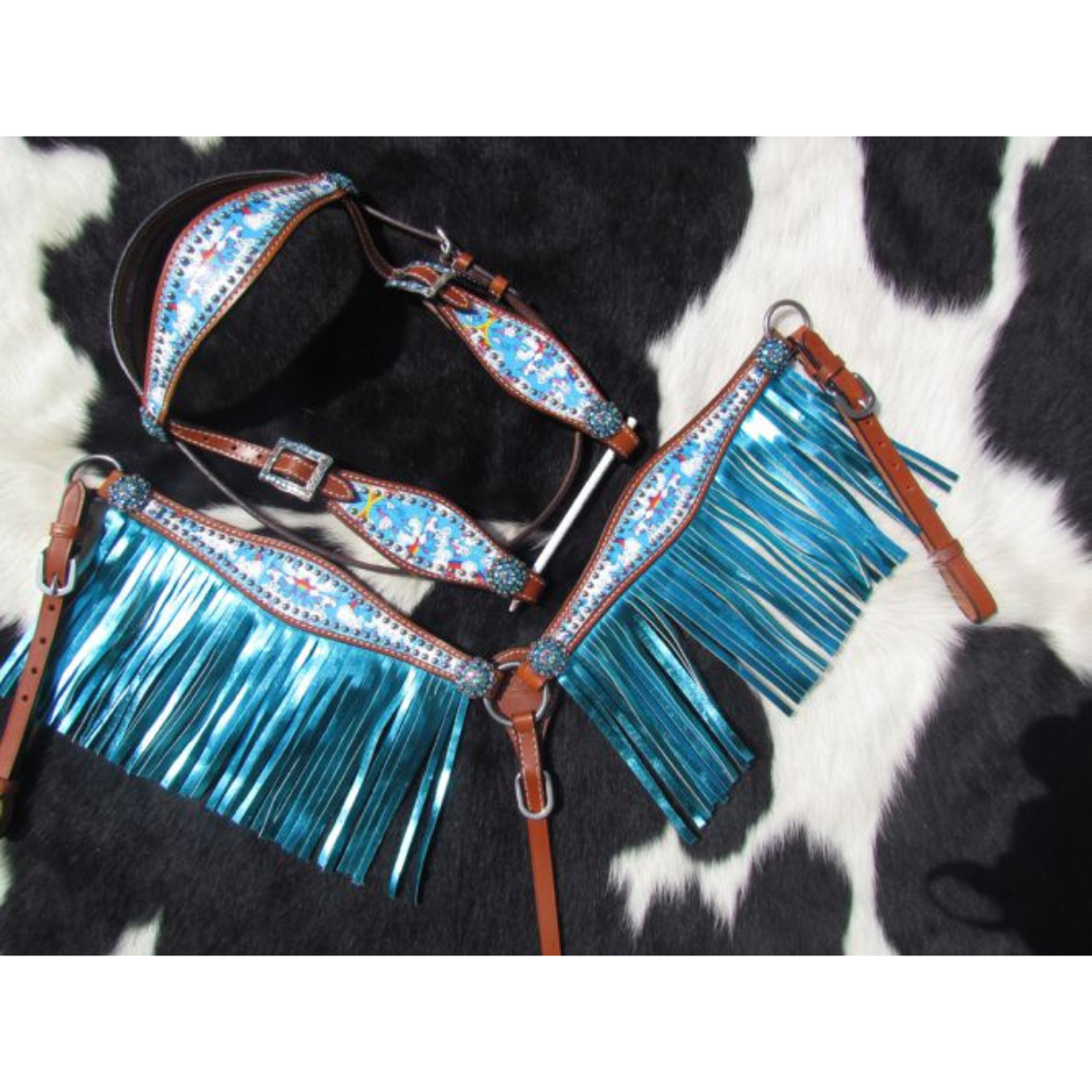 Showman ® PONY SIZE Rainbow Unicorn print headstall and breast collar set. - Double T Saddles