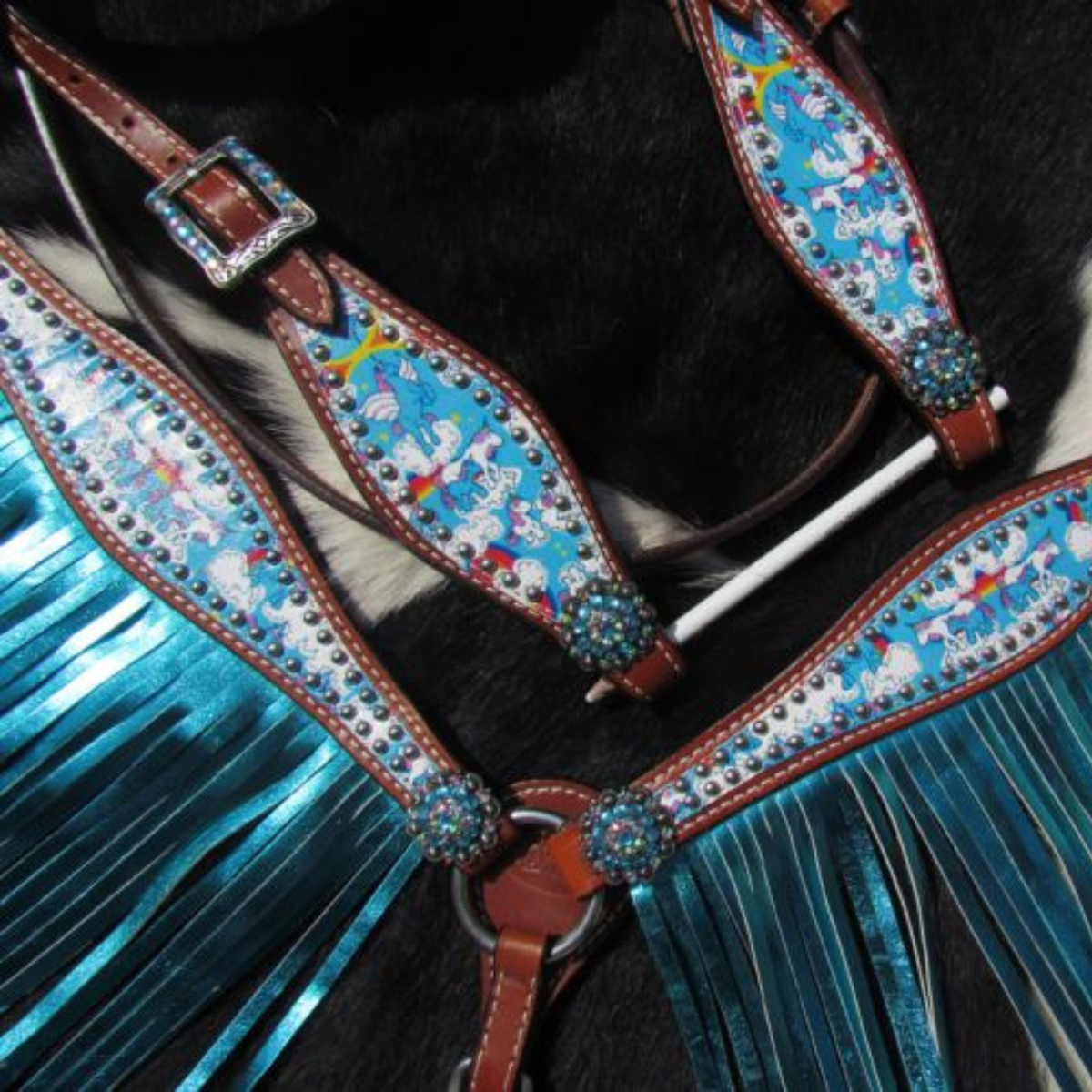 Showman ® PONY SIZE Rainbow Unicorn print headstall and breast collar set. - Double T Saddles