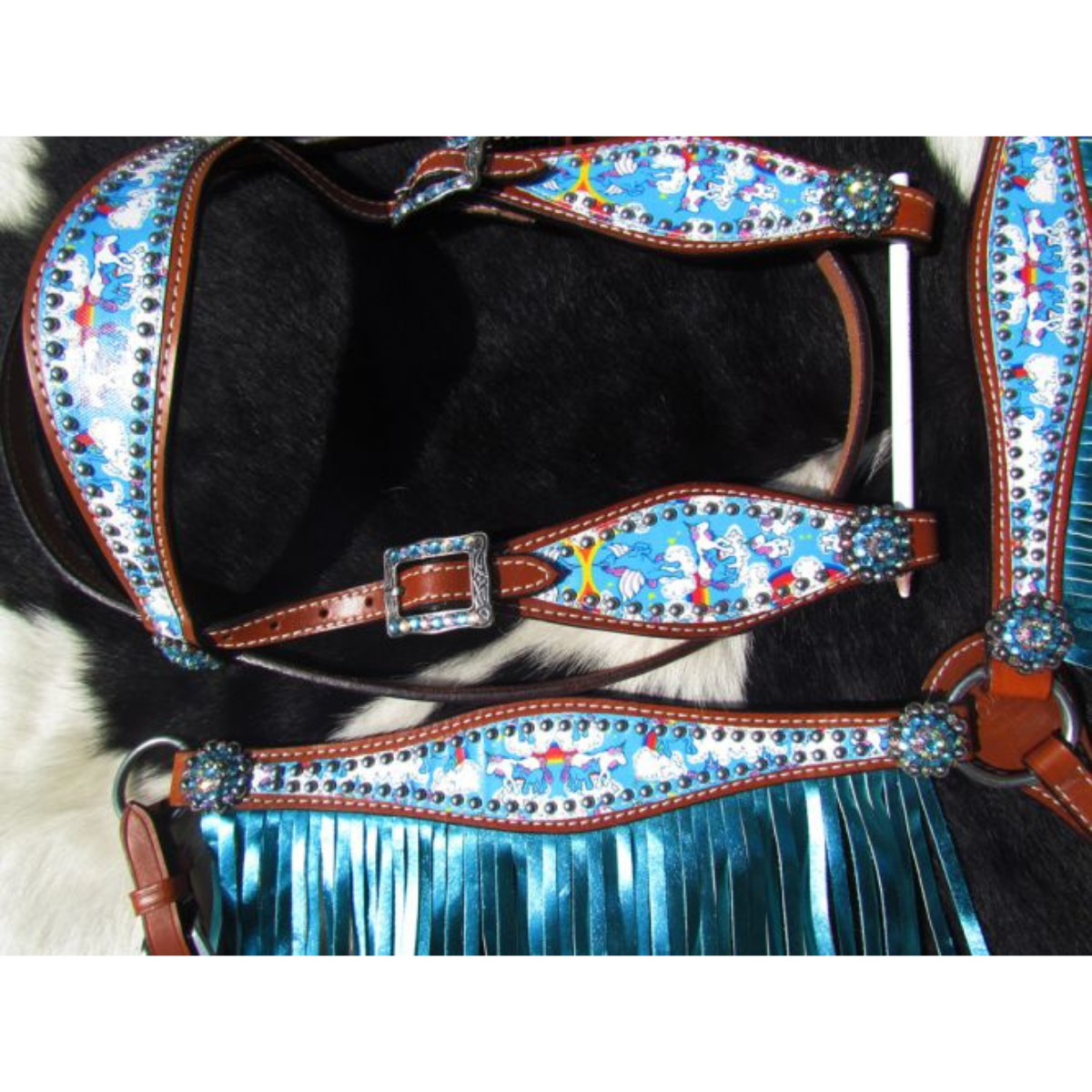Showman ® PONY SIZE Rainbow Unicorn print headstall and breast collar set. - Double T Saddles