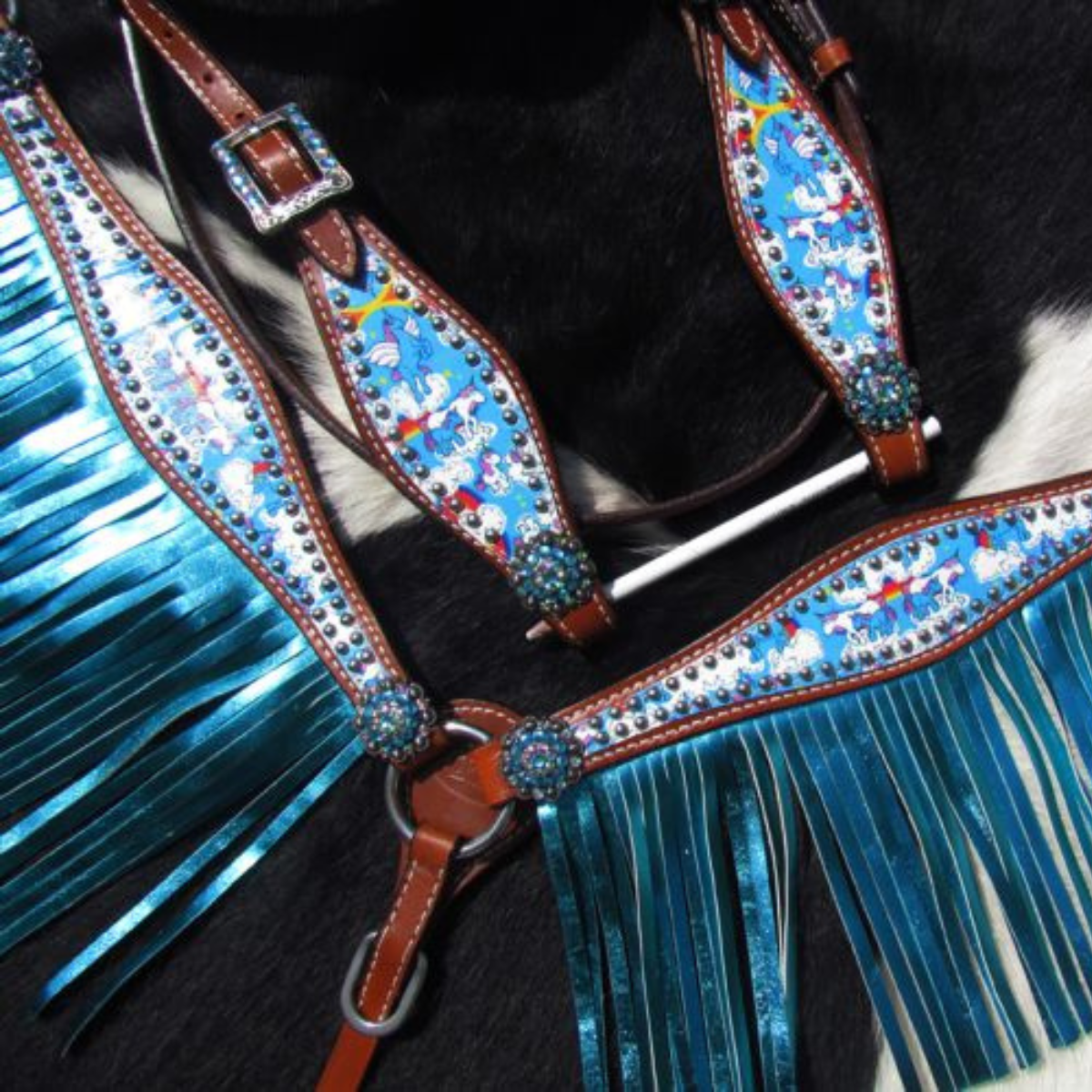 Showman ® PONY SIZE Rainbow Unicorn print headstall and breast collar set. - Double T Saddles