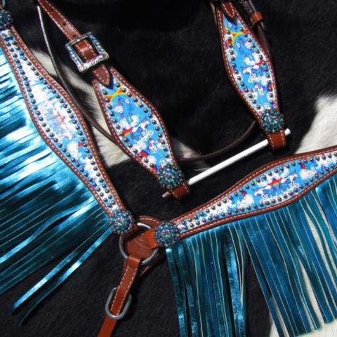 NEW! Showman ® Pony Size Headstall and breast collar set with holographic snake print and metallic color fringe.