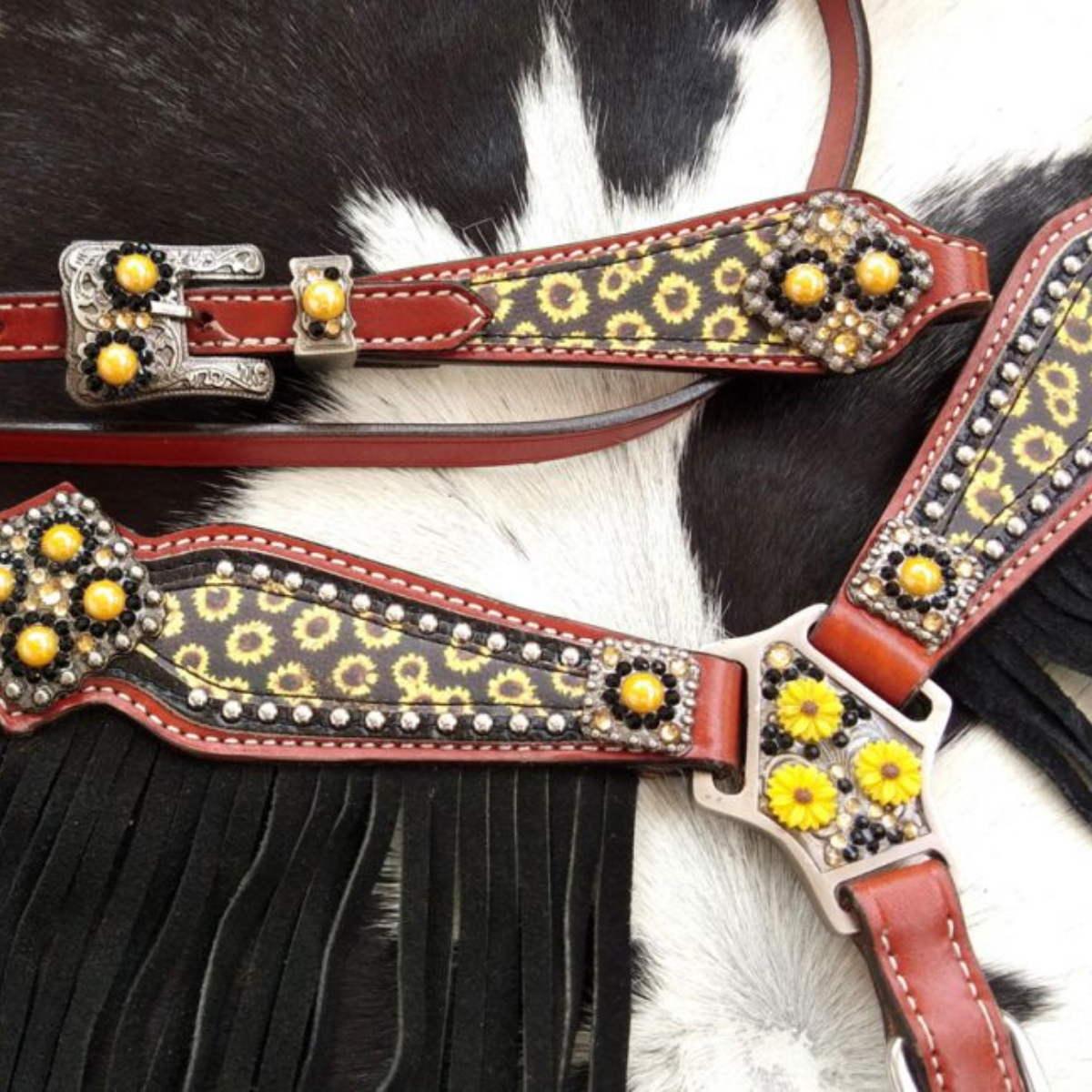 Showman ® PONY SIZE Sunflower print headstall and breast collar set. - Double T Saddles