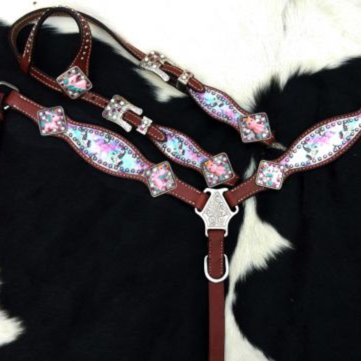 Showman ® PONY SIZE Tie Dye Unicorn printed headstall and breast collar set. - Double T Saddles