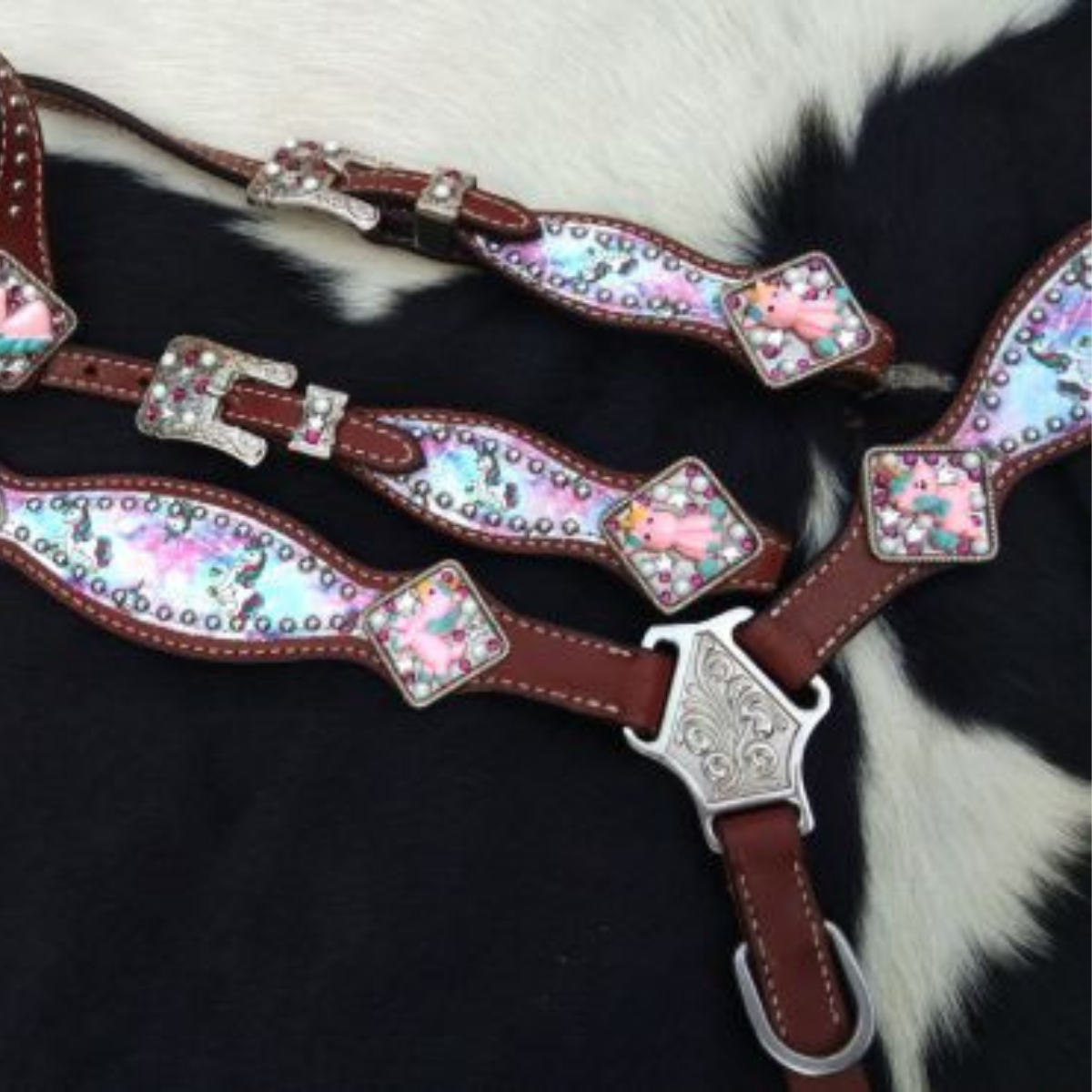 Showman ® PONY SIZE Tie Dye Unicorn printed headstall and breast collar set. - Double T Saddles