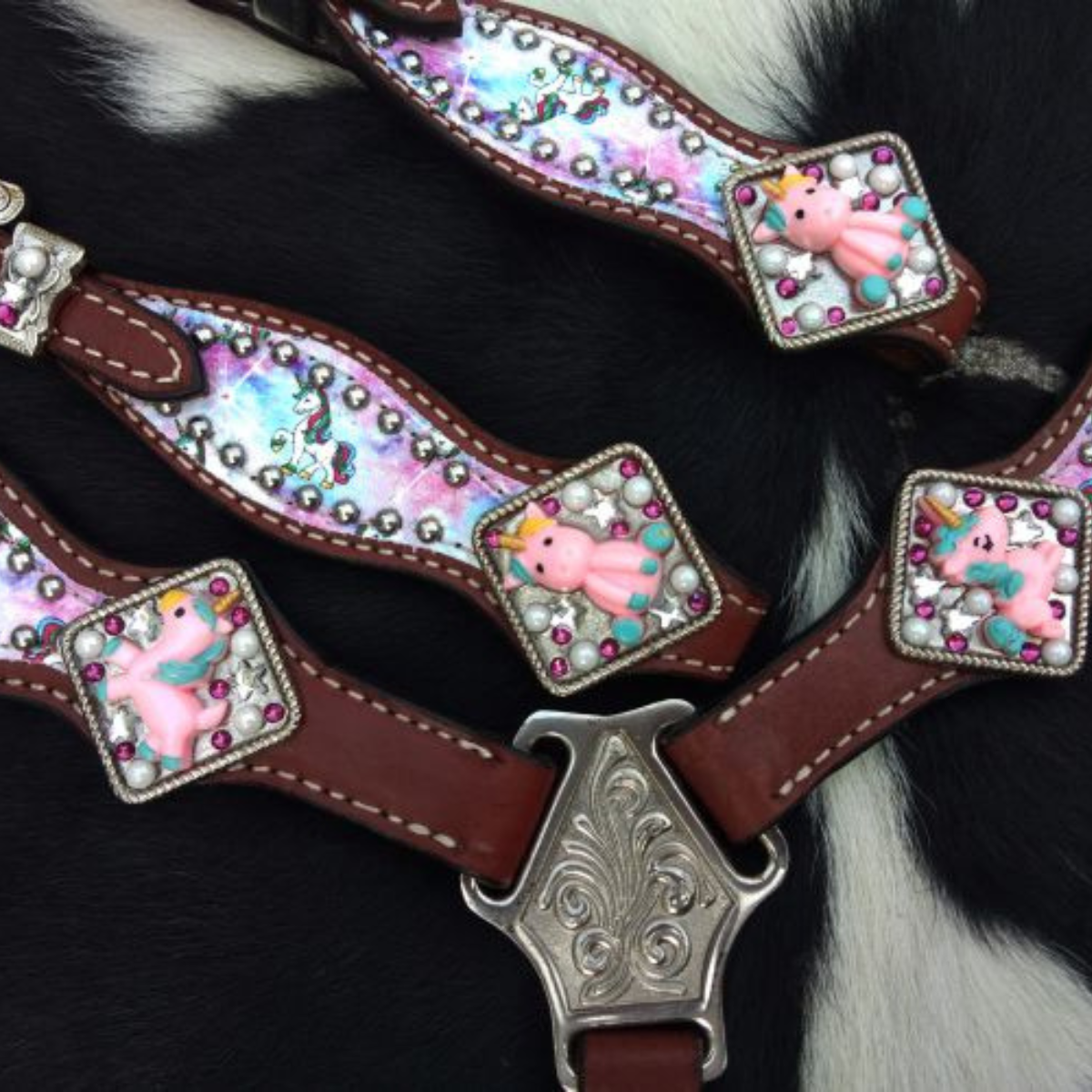 Showman ® PONY SIZE Tie Dye Unicorn printed headstall and breast collar set. - Double T Saddles