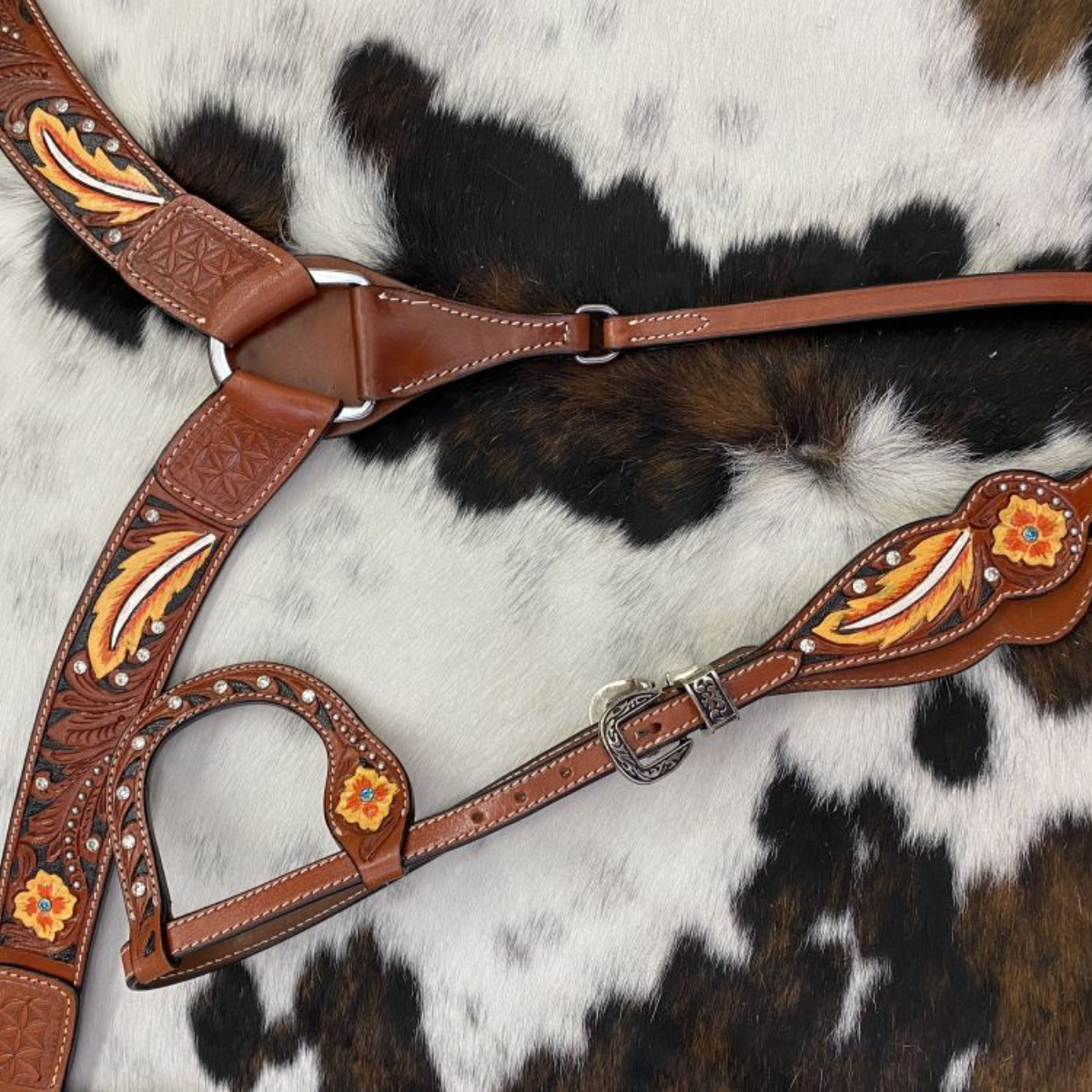 Double T® Painted Floral and Feather design one ear bridle and breast collar set with silver and rhinestone bead accents. - Double T Saddles