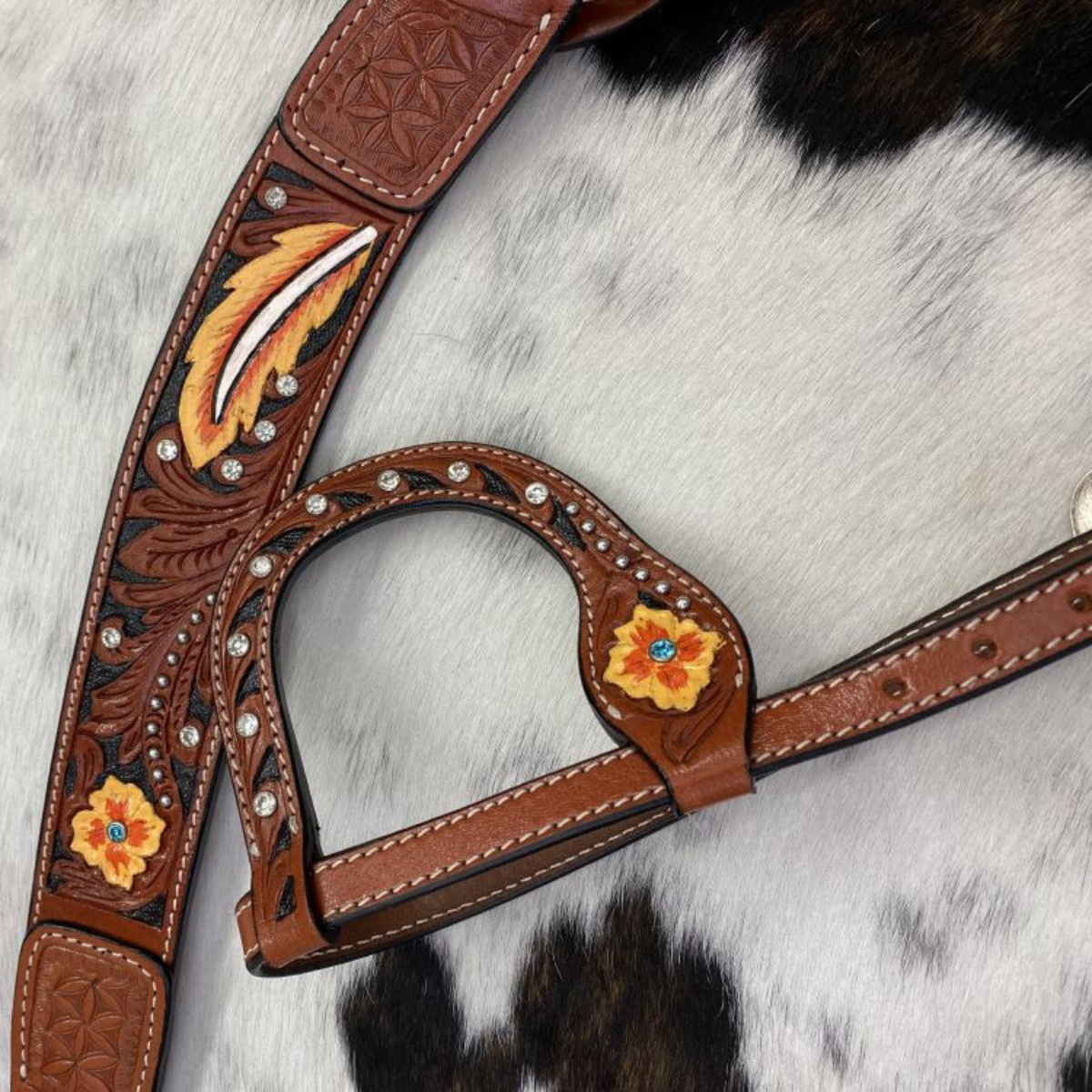 Double T® Painted Floral and Feather design one ear bridle and breast collar set with silver and rhinestone bead accents. - Double T Saddles