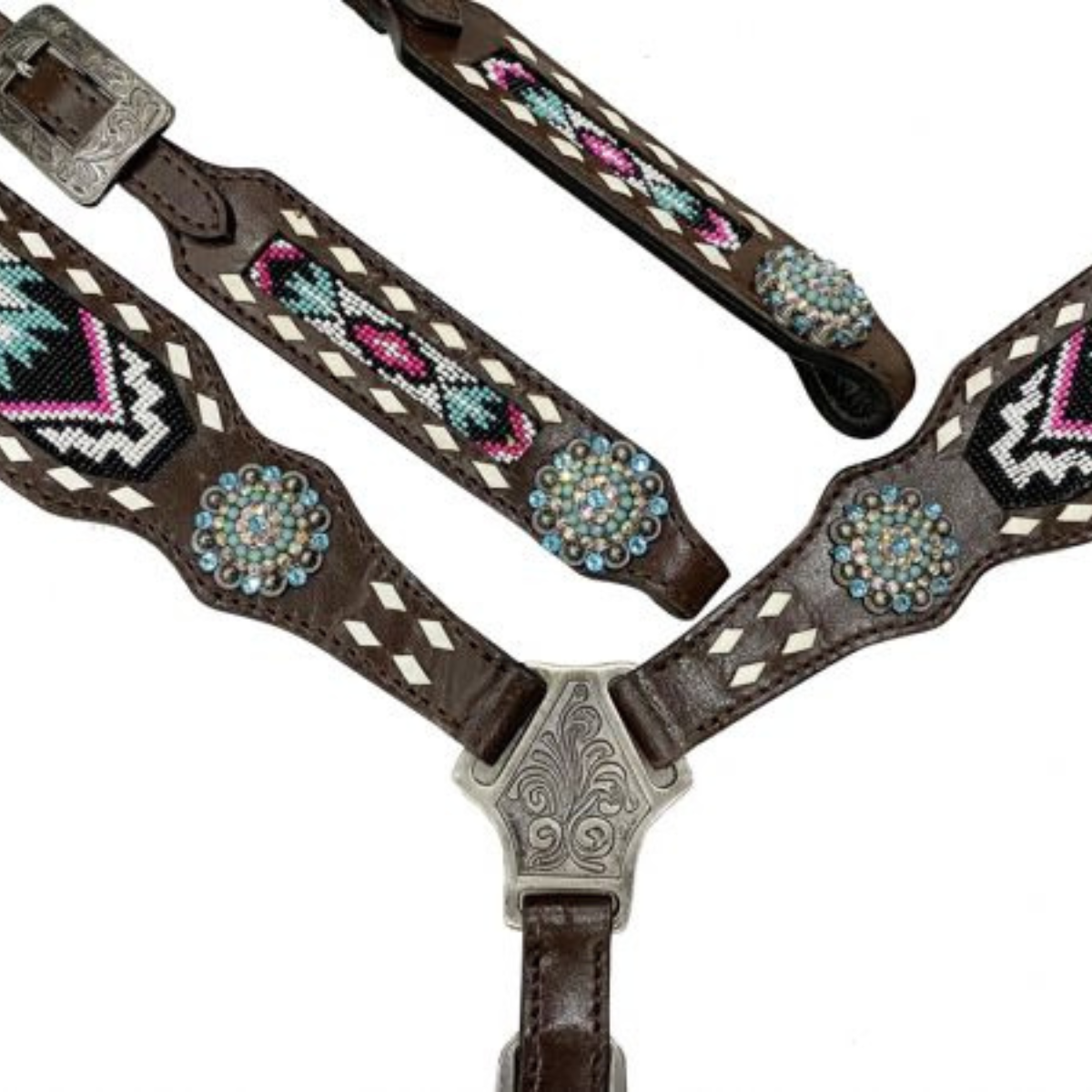 Showman ® Pink and Teal Beaded One Ear Headstall and Breastcollar Set with bling conchos. - Double T Saddles