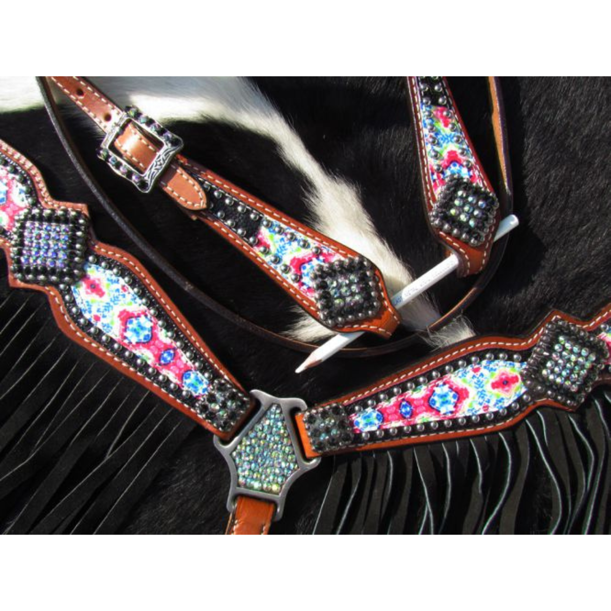 Showman ® Pony Size Pyschedelic Tie Dye browband headstall and breast collar set with black suede leather fringe. - Double T Saddles