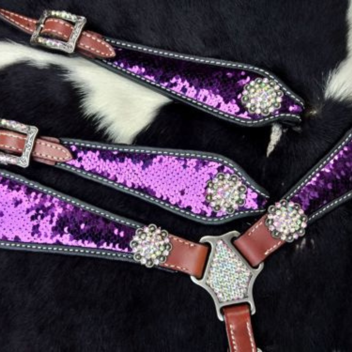 Showman ® Purple and Silver Sequins Inlay Single Ear Headstall and Breast Collar Set. - Double T Saddles