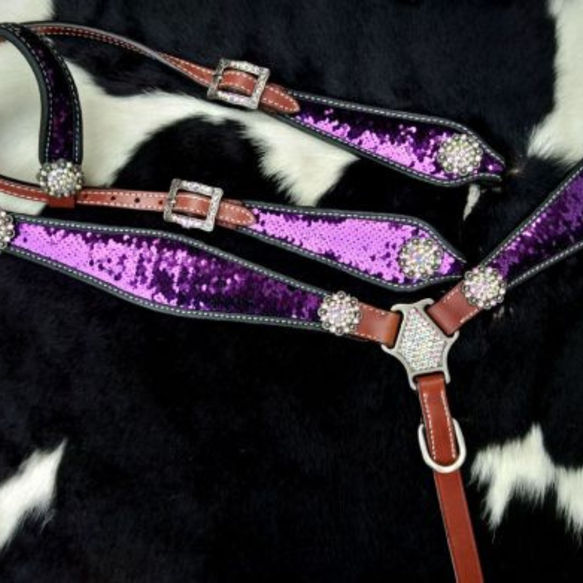 Showman ® Purple and Silver Sequins Inlay Single Ear Headstall and Breast Collar Set. - Double T Saddles