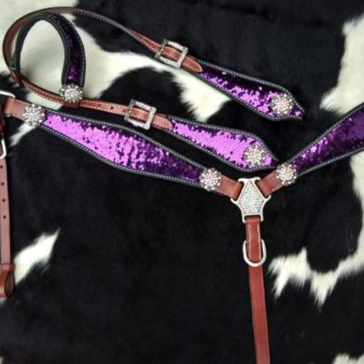 Showman ® Purple and Silver Sequins Inlay Single Ear Headstall and Breast Collar Set. - Double T Saddles